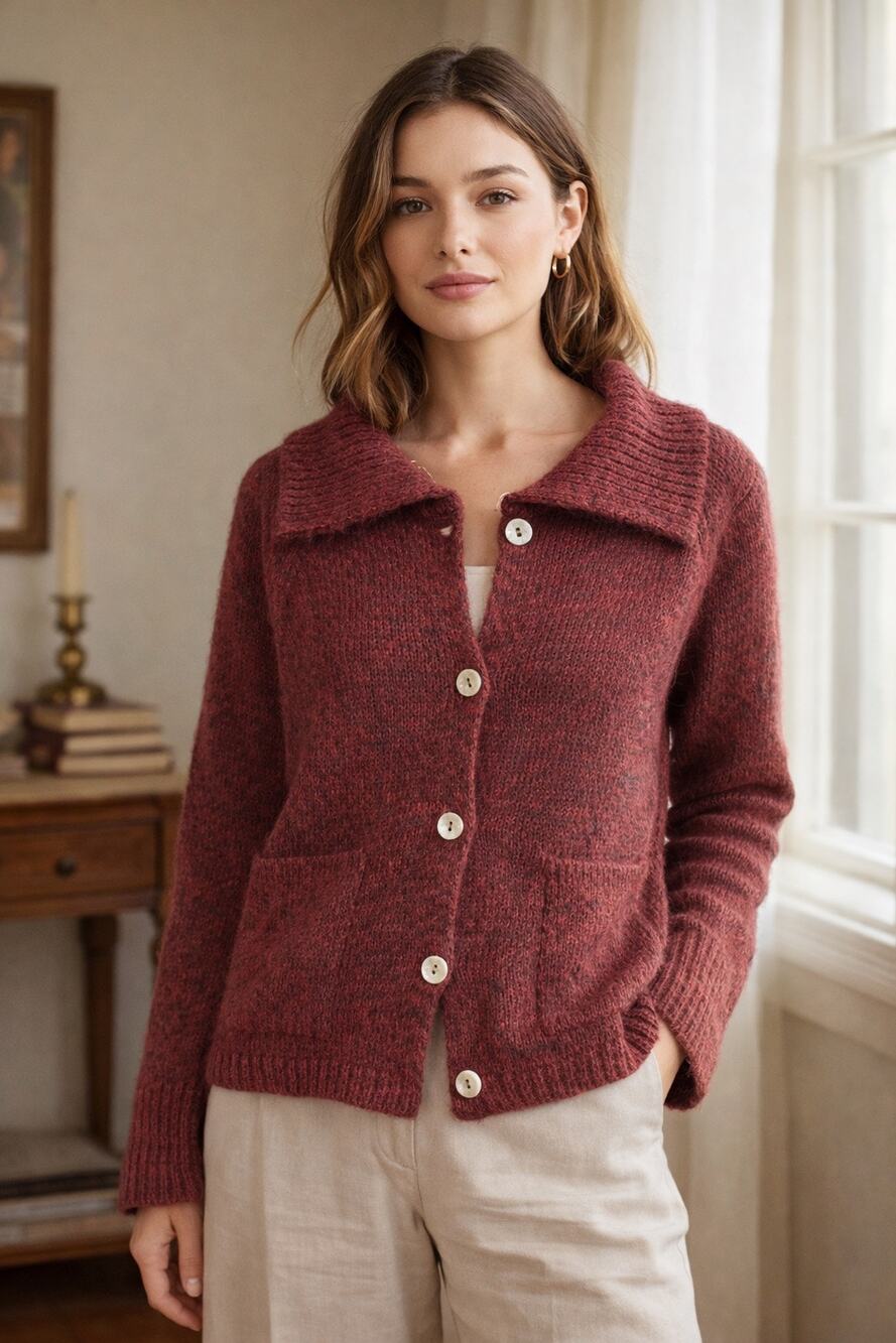 Margaret O’Leary Kid Mohair Cardigan Burgundy Knit Button Front Pockets Womens M